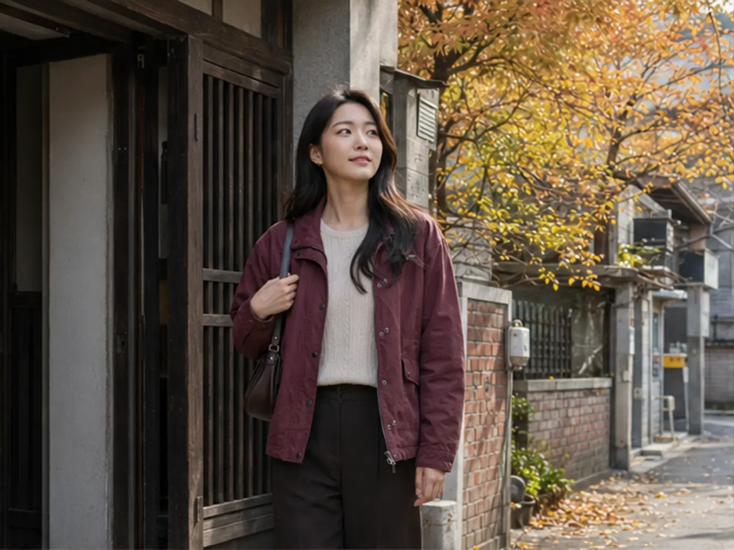 2024년 10월의 가을, 은행동 숙소에서 체크인 완료와 방문 가능 시간을 확인하는 장면의 28세 여성 로컬 에디터 하진