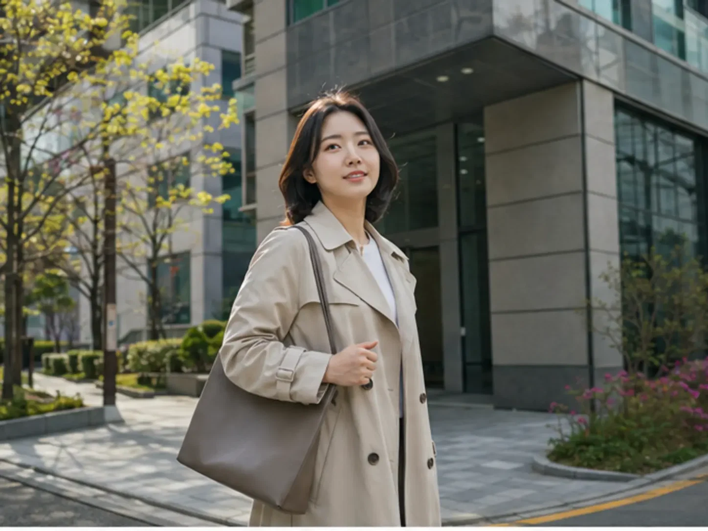 2025년 4월의 봄, 관평동 테크노밸리 일정을 마치고 오피스텔로 돌아오는 장면의 32세 여성 로컬 에디터 서진