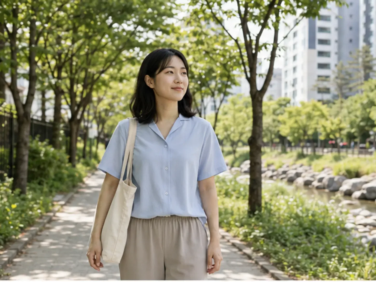 2024년 8월의 여름, 월평동 도심·공원 일정을 마치고 주거 생활권으로 돌아오는 장면의 29세 여성 로컬 에디터 유진