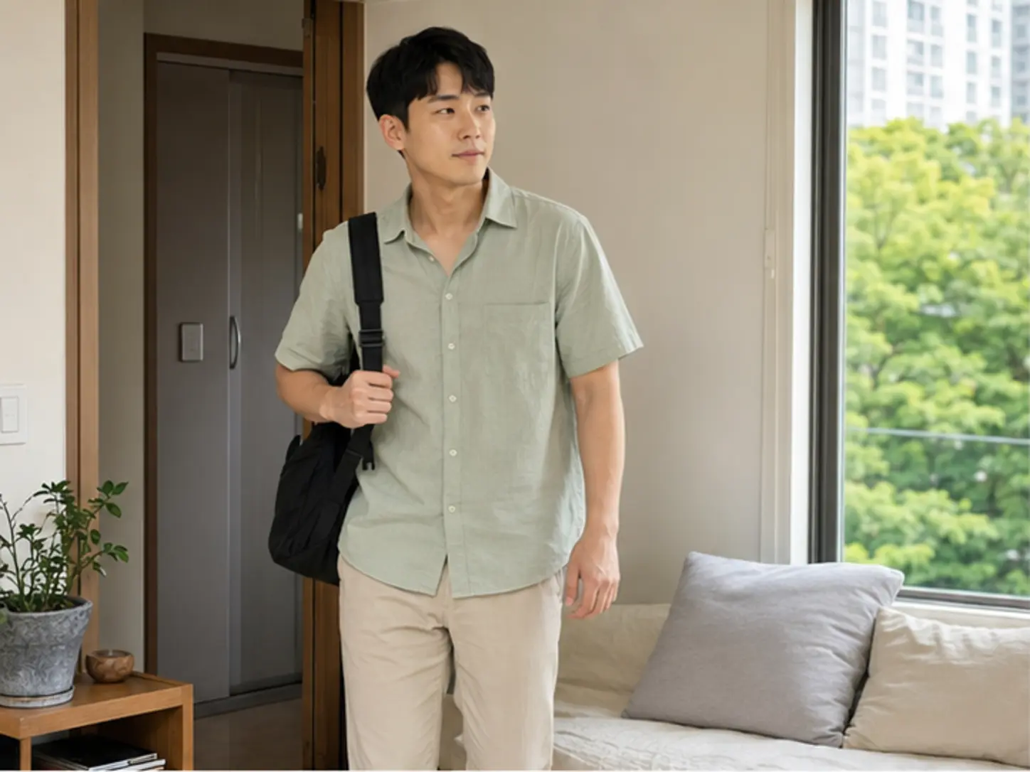 2024년 8월의 여름, 월평동 자택에서 정확한 동과 출입 방법을 확인하는 장면의 30세 남성 로컬 에디터 현준
