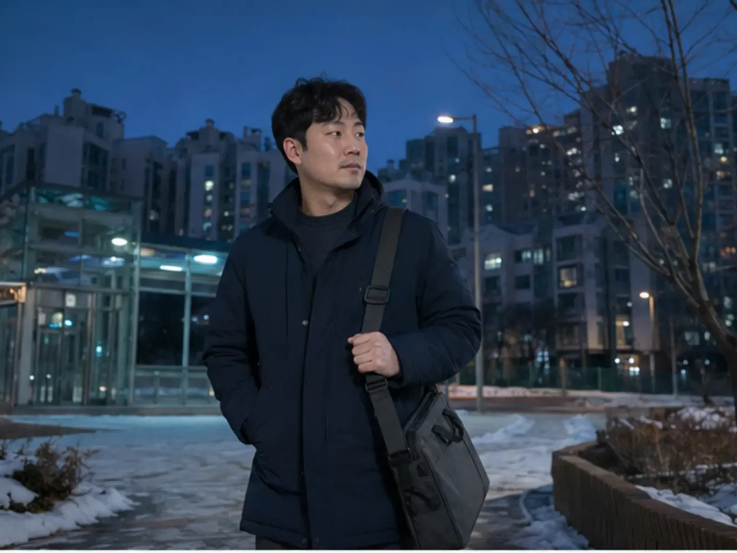 2024년 12월의 겨울, 용문동 역세권 일정을 마치고 겨울 저녁 자택으로 귀가하는 장면의 33세 남성 로컬 에디터 도윤