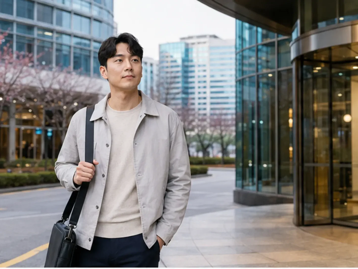 2026년 5월의 봄, 유성 연구·업무 일정을 마치고 숙박 생활권으로 이동하는 장면의 30세 남성 로컬 에디터 현우