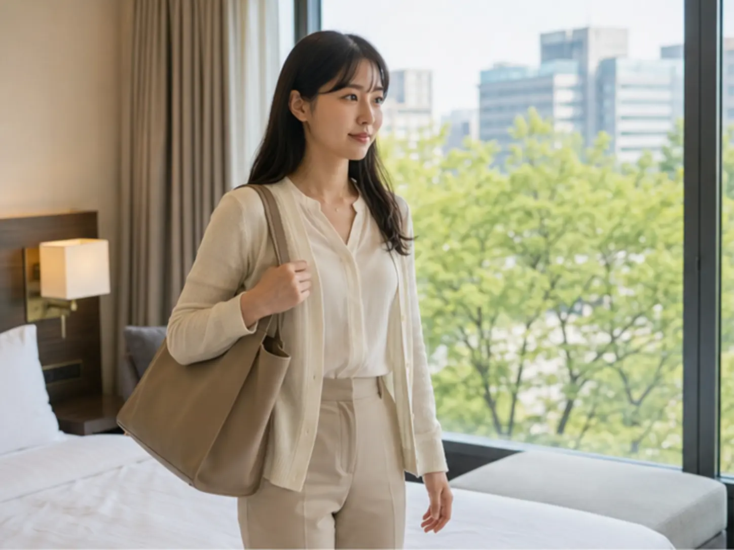 2026년 5월의 봄, 유성 호텔 객실에서 지점명과 실제 준비 시간을 확인하는 장면의 26세 여성 로컬 에디터 은지