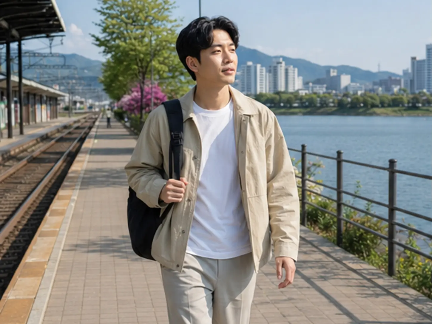 2026년 5월의 봄, 춘천 의암호 일정을 마치고 남춘천 숙소 생활권으로 이동하는 장면의 28세 남성 로컬 에디터 민준