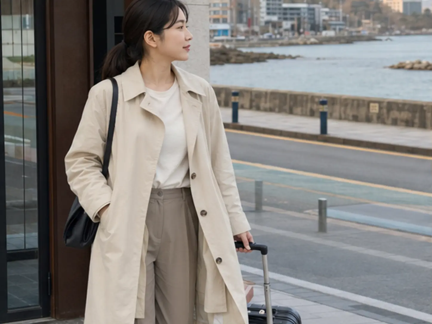 2025년 4월의 봄, 동해 천곡·묵호 일정을 마치고 출장 숙소로 돌아오는 장면의 29세 여성 로컬 에디터 지민