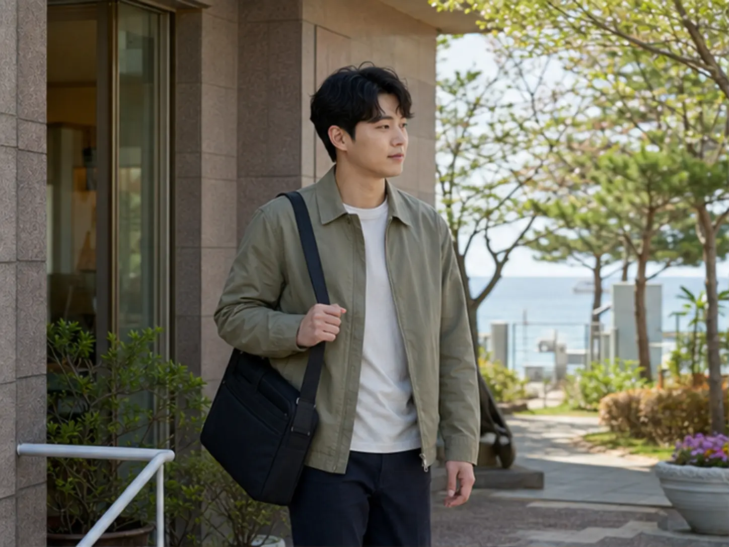 2025년 4월의 봄, 동해 숙소에서 주소와 교대 뒤 준비 시간을 확인하는 장면의 30세 남성 로컬 에디터 준영
