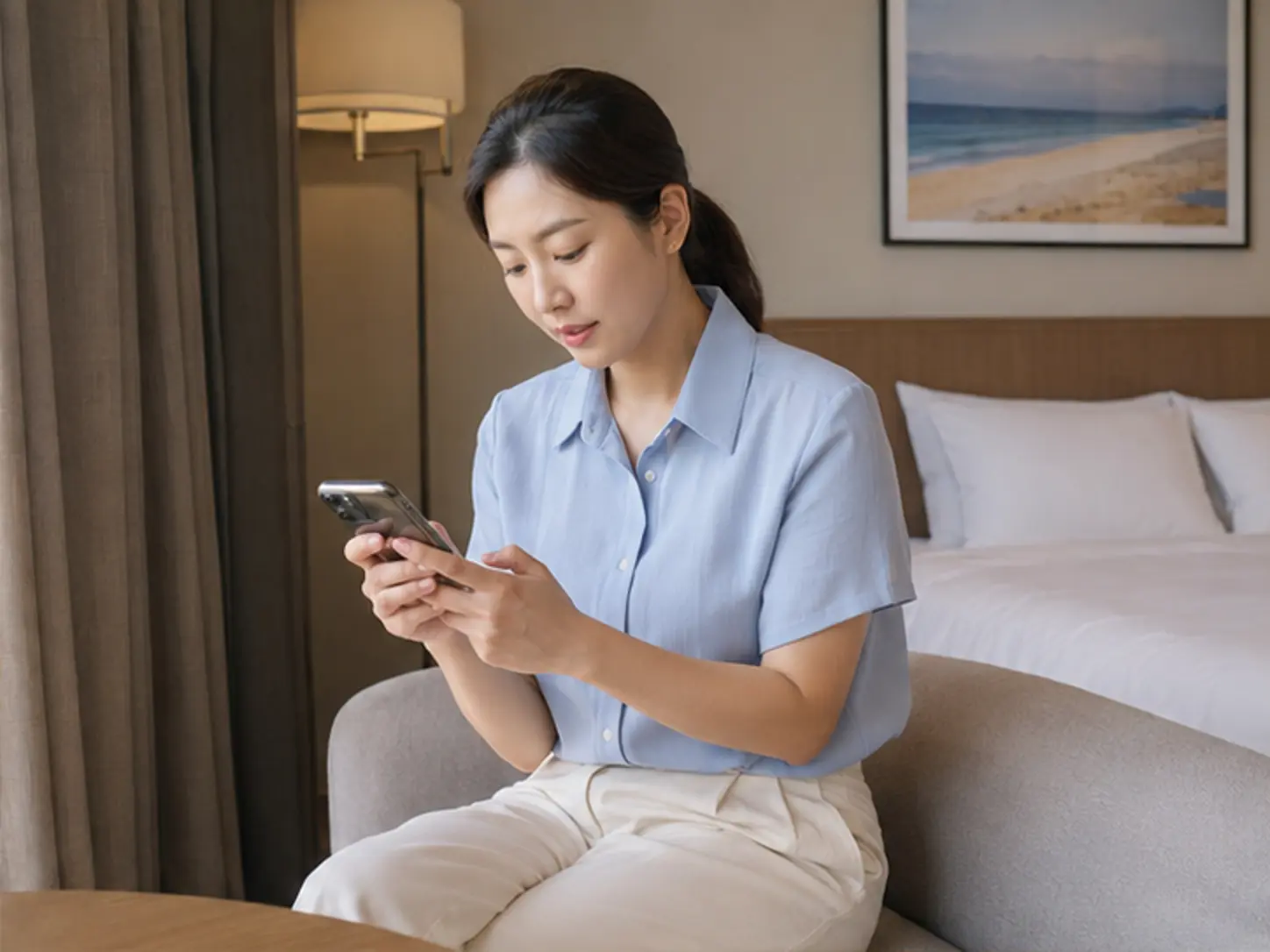 2025년 8월의 여름, 28세 여성 관리사 보미와 방문 전 상담하는 34세 여성 로컬 에디터 혜린