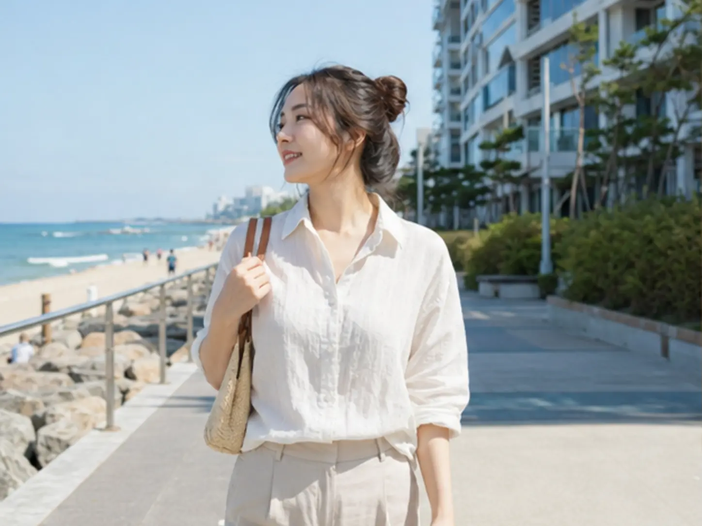 2025년 8월의 여름, 강릉 안목·경포 해안 산책을 마치고 호텔로 돌아오는 장면의 26세 여성 로컬 에디터 유나