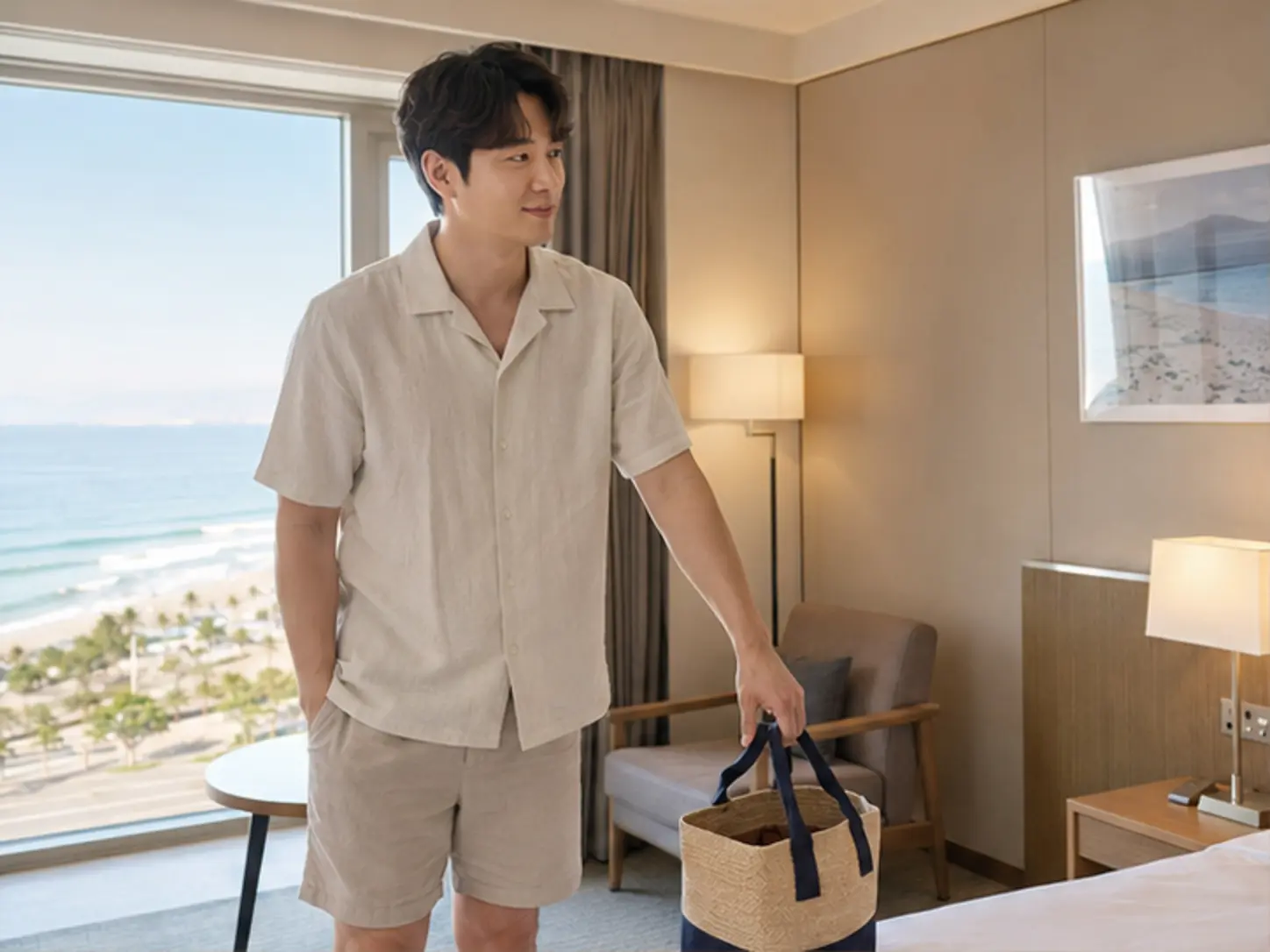 2025년 8월의 여름, 강릉 호텔 객실에서 정확한 지점과 가능한 시간을 확인하는 장면의 29세 남성 로컬 에디터 지훈