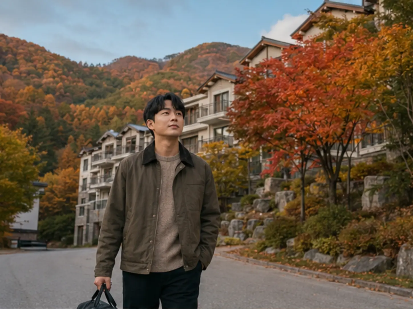 2024년 10월의 가을, 정선 고한·사북 산악 생활권 일정을 마치고 숙소로 이동하는 장면의 30세 남성 로컬 에디터 민재