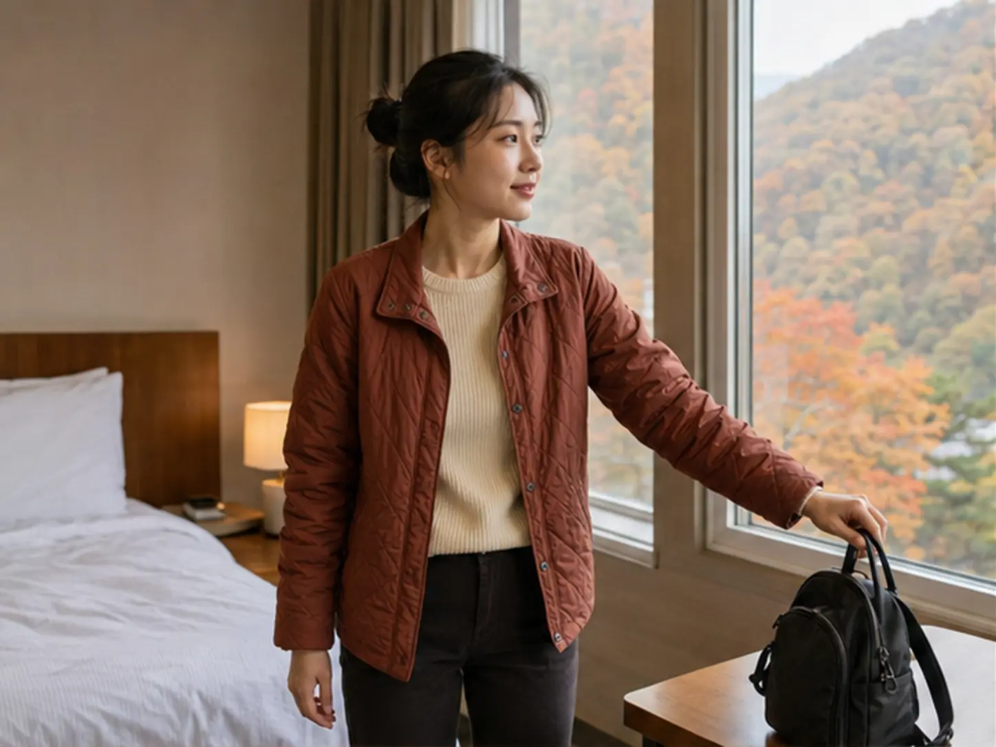 2024년 10월의 가을, 정선 리조트 객실에서 정확한 동과 진입 경로를 확인하는 장면의 27세 여성 로컬 에디터 연지