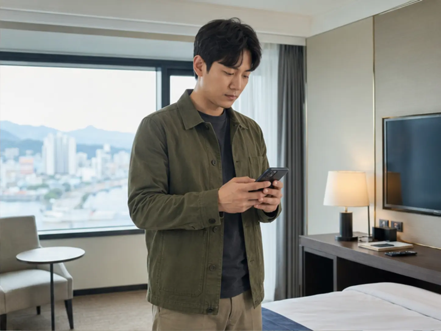 2025년 10월의 가을, 27세 여성 관리사 윤아와 방문 전 상담하는 31세 남성 로컬 에디터 성민