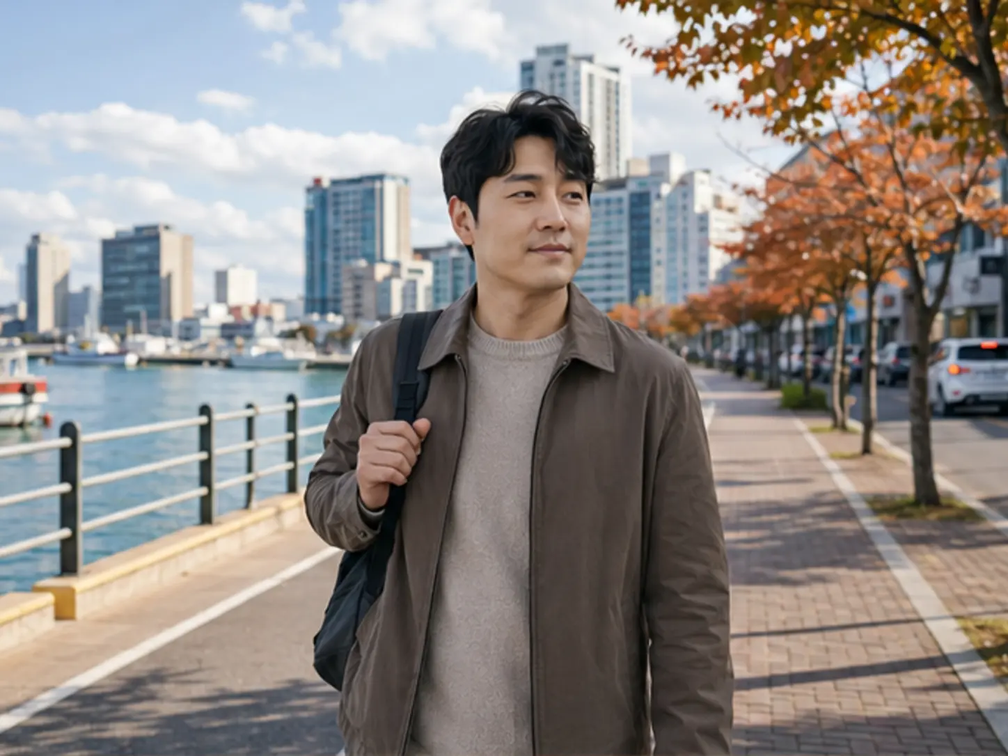 2025년 10월의 가을, 속초 청초호·대포항 일정을 마치고 도심 호텔로 이동하는 장면의 34세 남성 로컬 에디터 도현