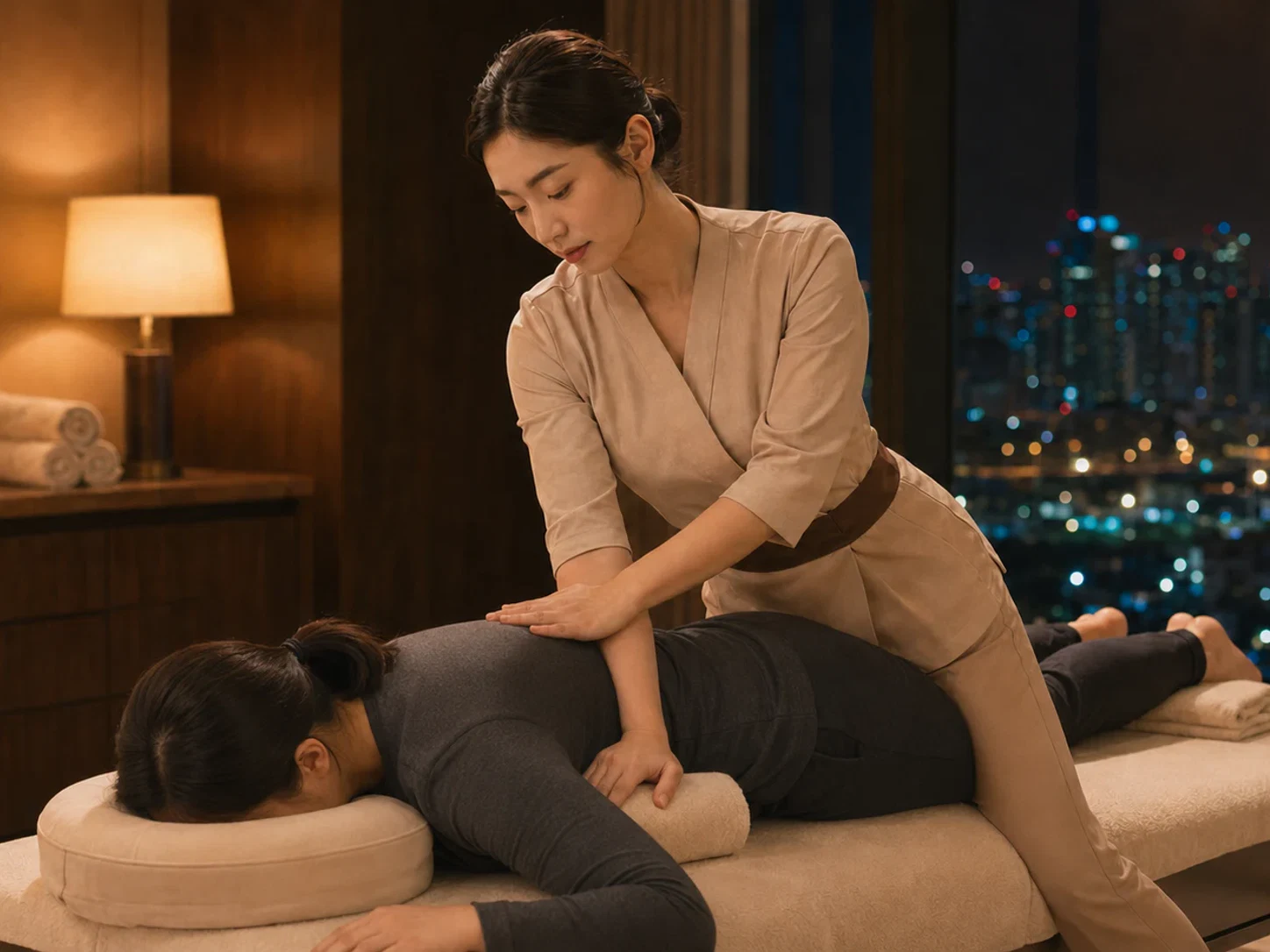 경기 안양시 평촌의 생활권 분위기와 출장 숙소 이용 상황을 함께 보여 주는 가상 출장마사지 이용후기 장면