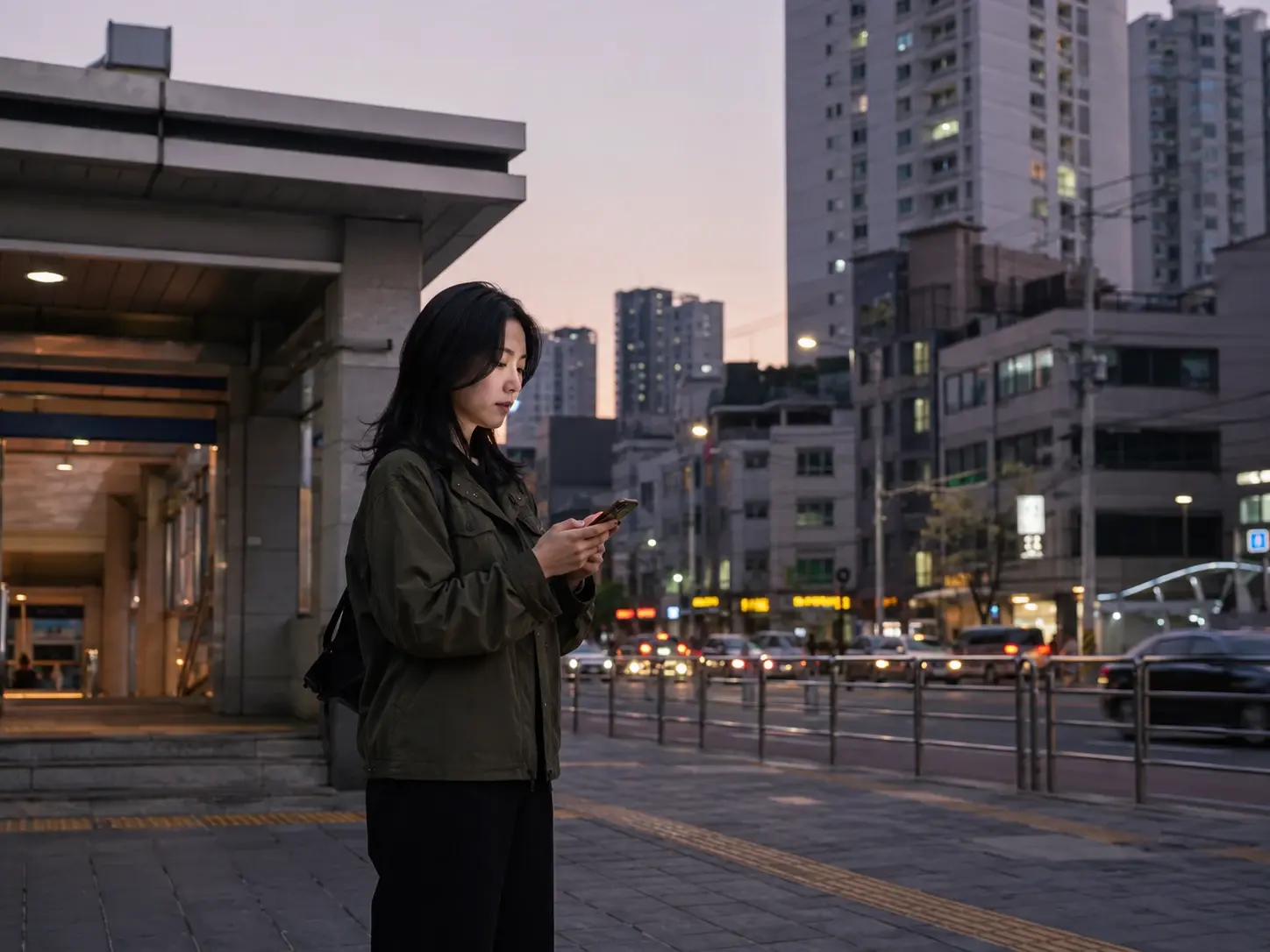 인천 주안 1동의 생활권 분위기와 출장 숙소 이용 상황을 함께 보여 주는 가상 출장마사지 이용후기 장면