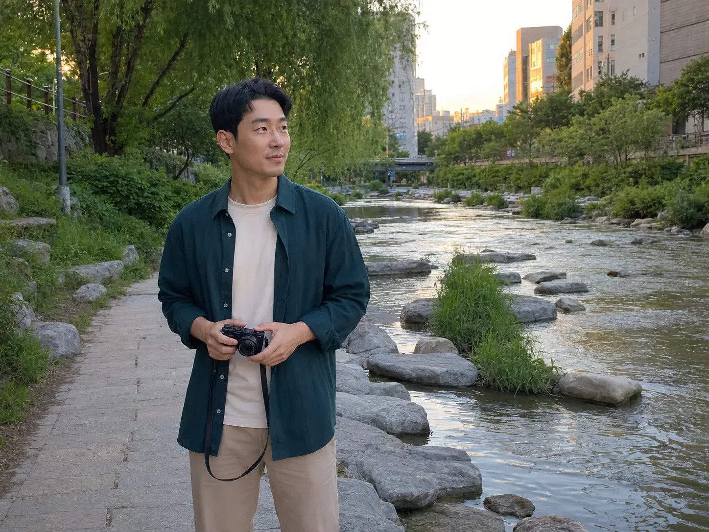 우이천 산책로에서 카메라를 든 30대 성인 남성 로컬 에디터 도윤