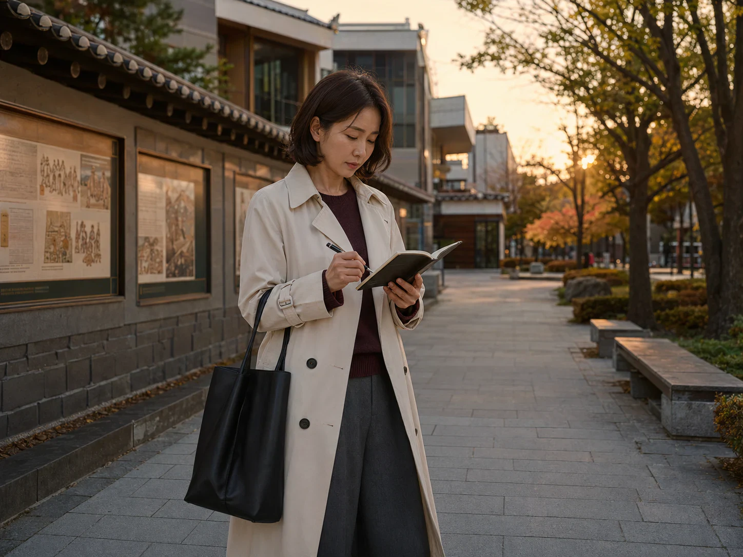 가양동 허준박물관 앞 허준테마거리에서 전시 노트를 읽는 40대 초반 성인 여성 로컬 에디터 혜진