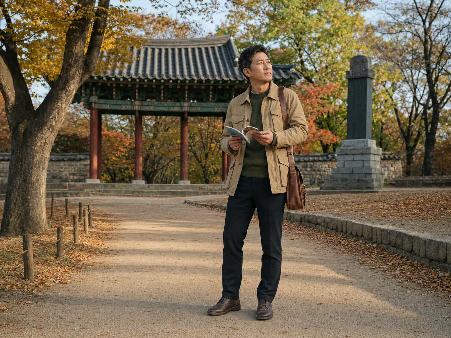 낙성대공원의 전통 문과 석물 앞에서 안내 책자를 읽는 40대 초반 성인 남성 로컬 에디터 민재