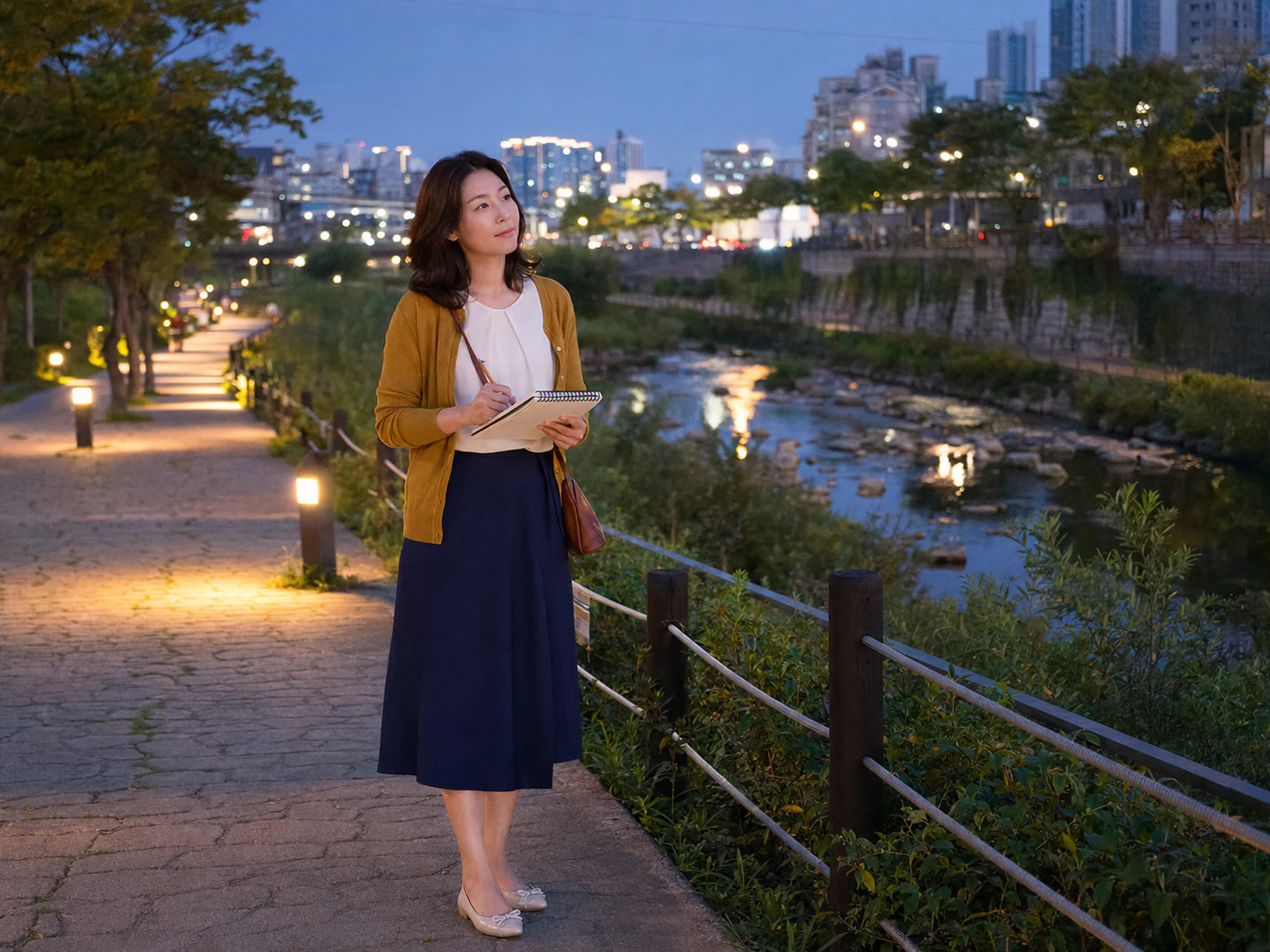 별빛내린천 산책로에서 저녁 풍경을 스케치하는 30대 성인 여성 로컬 에디터 수빈