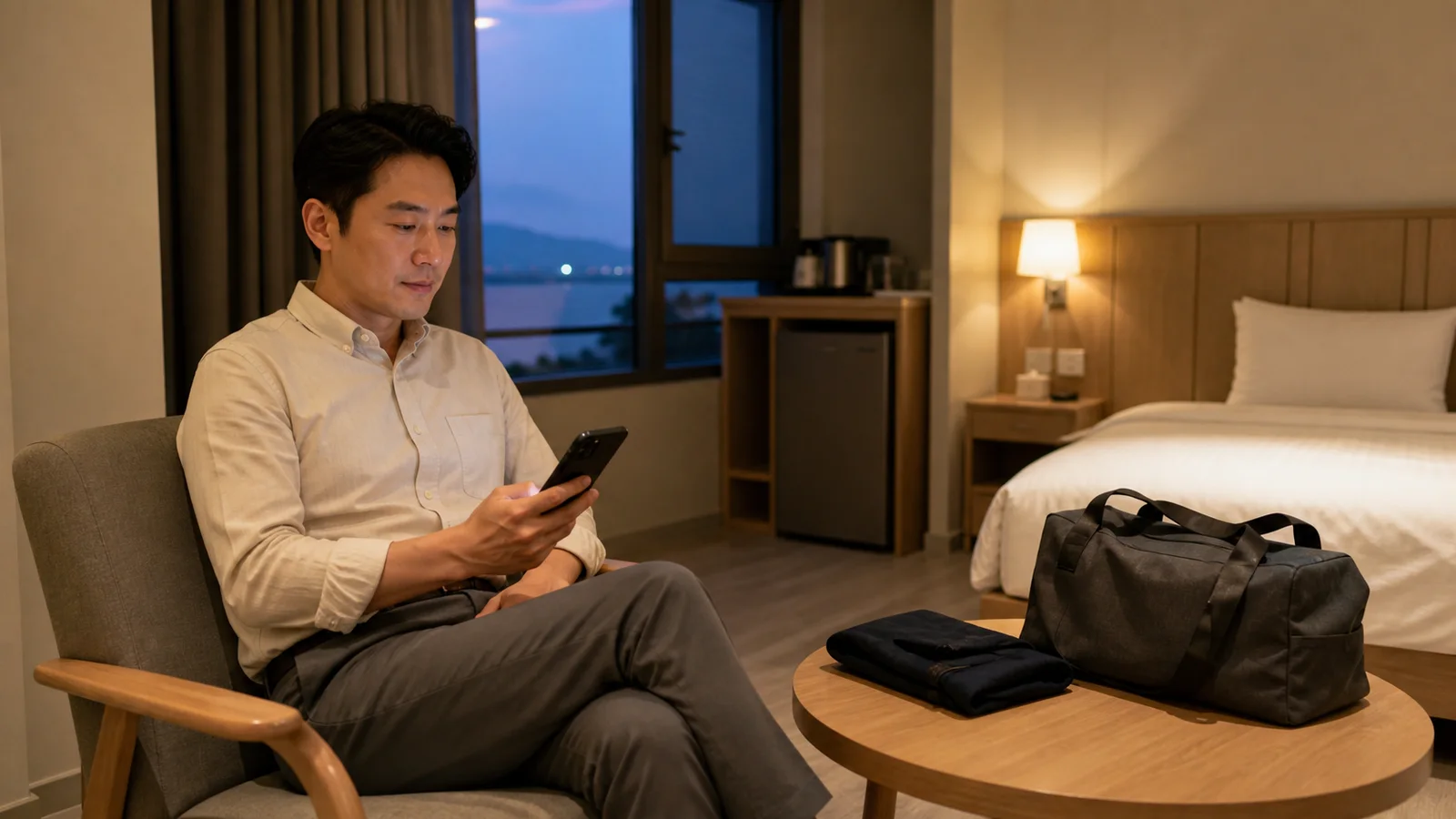 보령출장마사지 | K초이스24 - 보령 숙소에서 방문 예정 시간을 확인하며 기다리는 성인 이용자