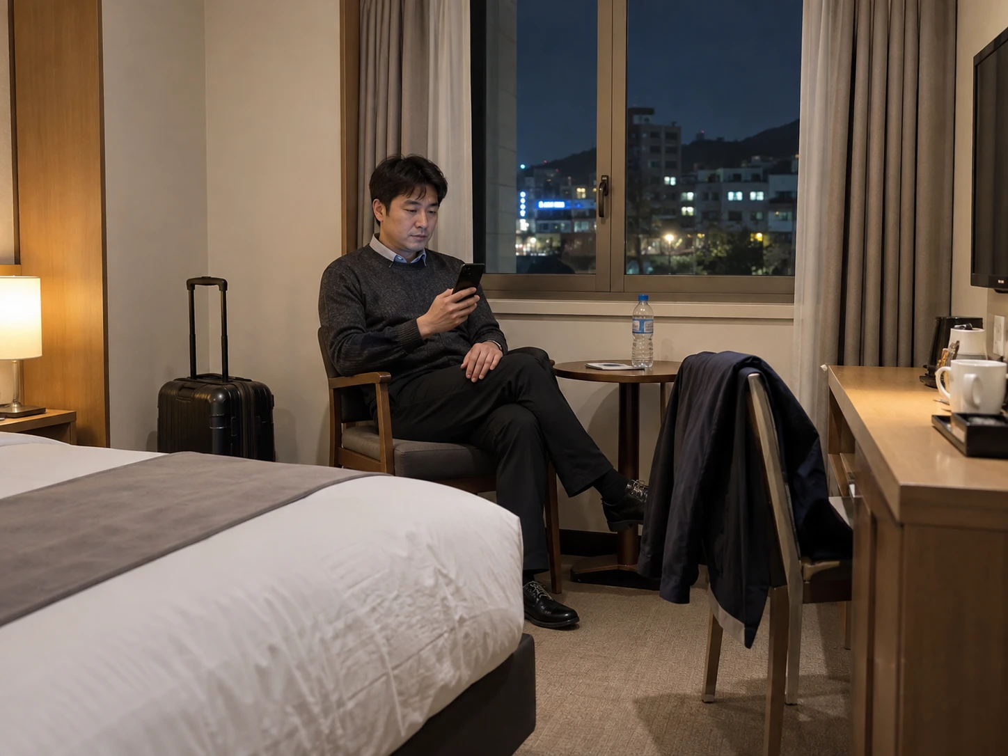 논산출장마사지 | K초이스24 - 논산 내동 숙소에서 휴대전화로 도착 예정 연락을 확인하며 혼자 기다리는 성인 이용자