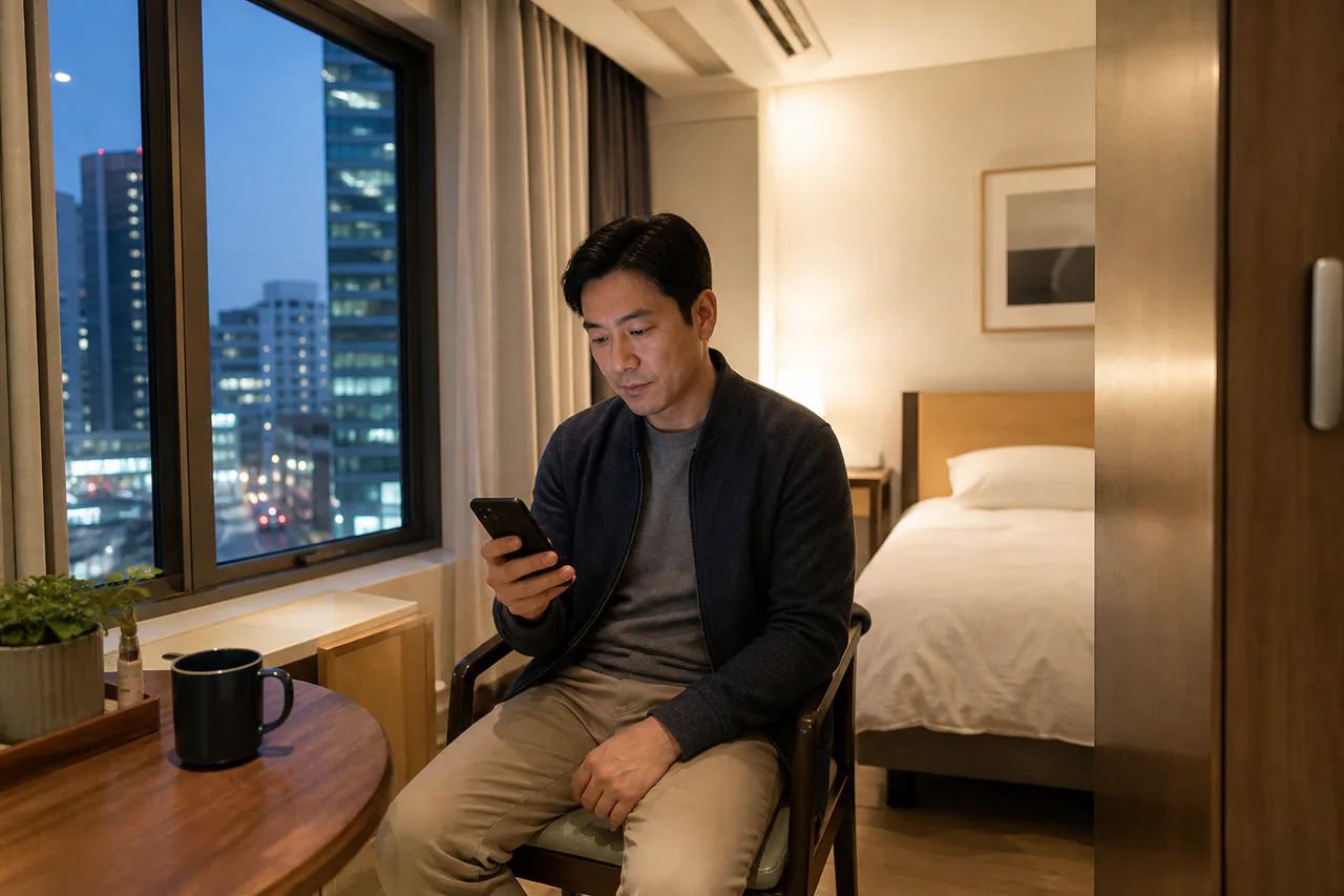 동구출장마사지 | K초이스24 - 대전 동구 숙소에서 방문 예정 연락을 확인하며 혼자 기다리는 성인 이용자