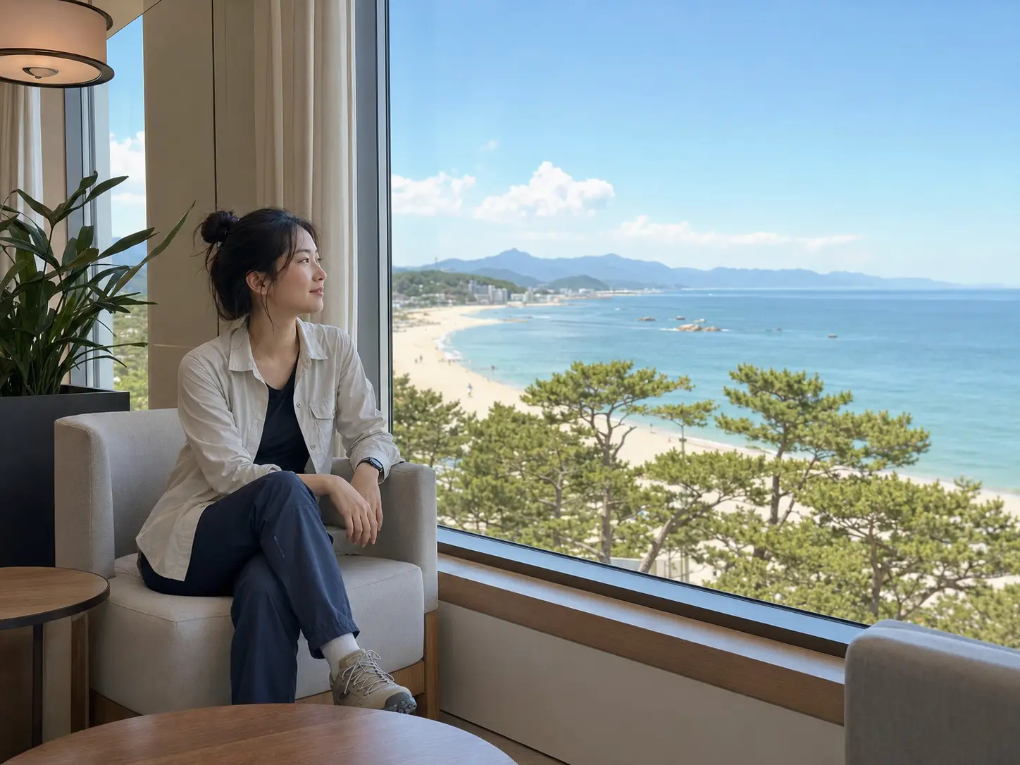강원 양양 하조대의 생활권 분위기와 도심 호텔 이용 상황을 함께 보여 주는 가상 출장마사지 이용후기 장면