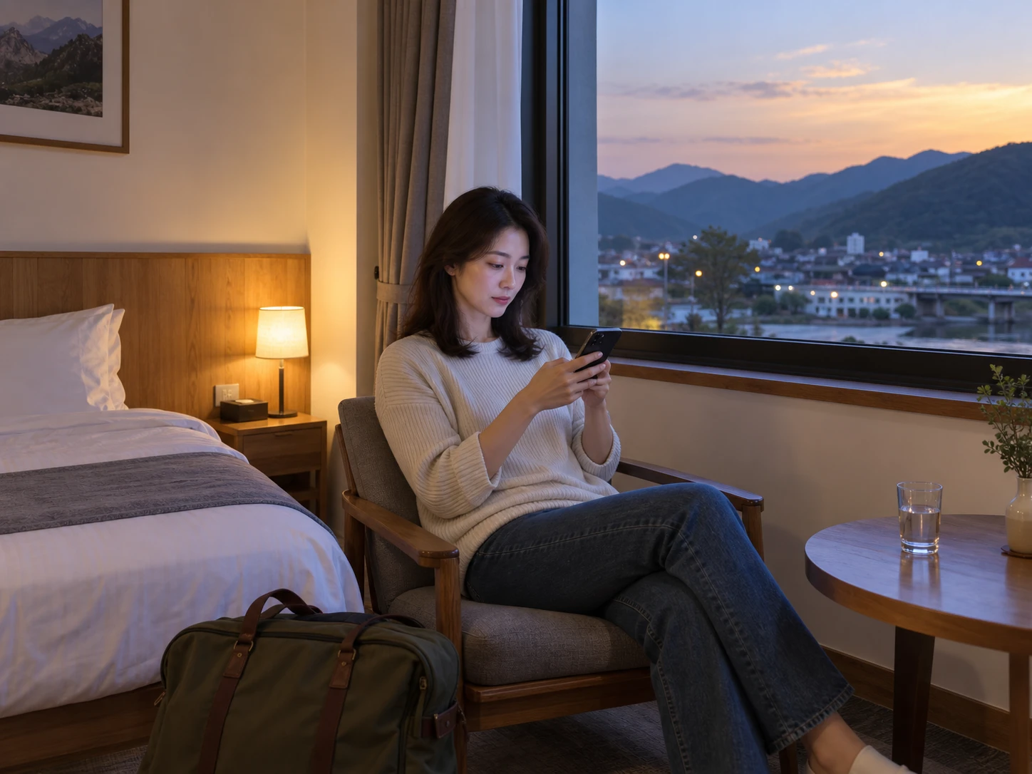 문경출장마사지 | K초이스24 - 문경 점촌동 숙소에서 휴대전화로 도착 예정 연락을 확인하며 혼자 기다리는 성인 이용자
