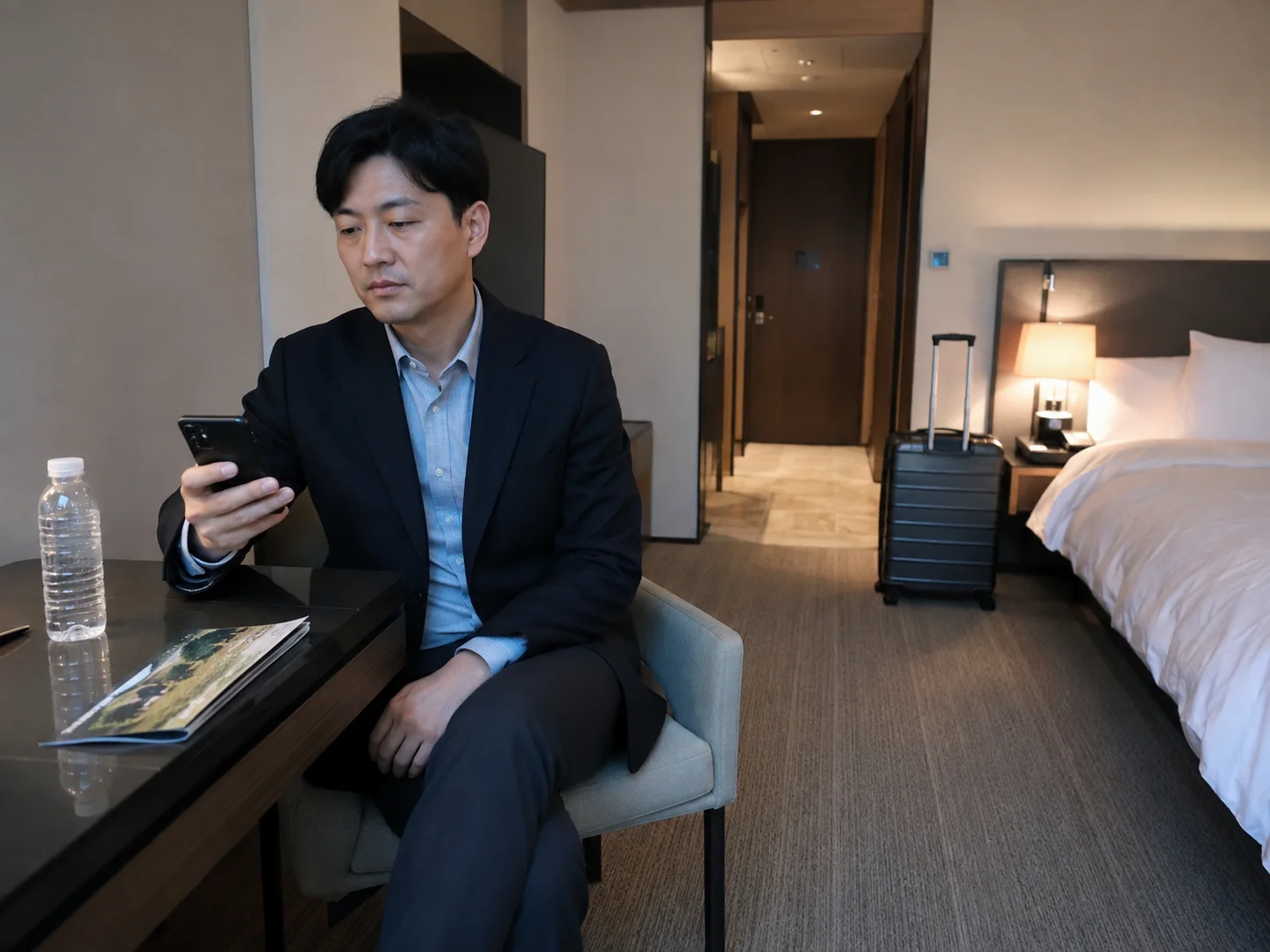 영주출장마사지 | K초이스24 - 영주 가흥동 숙소에서 방문 예정 연락을 확인하며 혼자 기다리는 성인 이용자