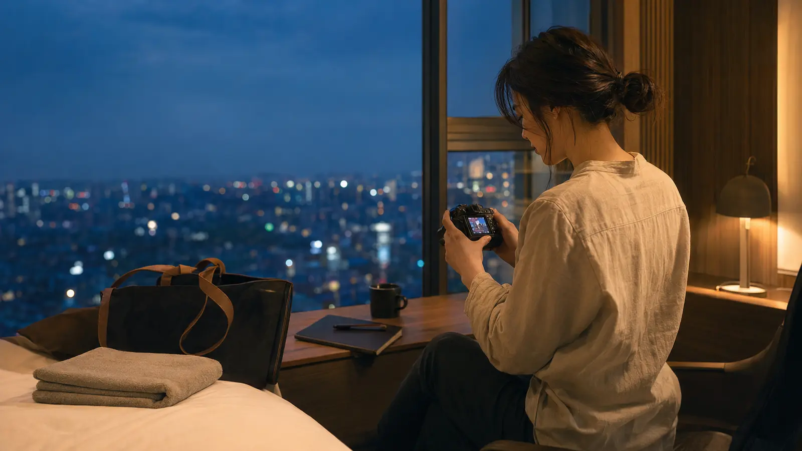 도시에서 보낸 하루를 기록한 뒤 숙소에서 휴식을 준비하는 로컬 에디터