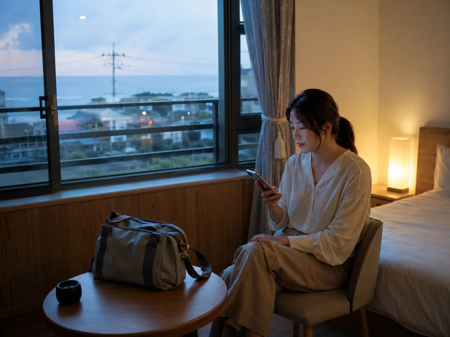 애월읍출장마사지 | K초이스24 - 애월읍 숙소에서 방문 예정 연락을 확인하며 혼자 기다리는 성인 이용자