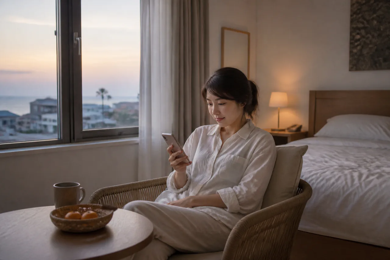 한림읍출장마사지 | K초이스24 - 한림읍 숙소에서 방문 예정 연락을 확인하며 혼자 기다리는 성인 이용자