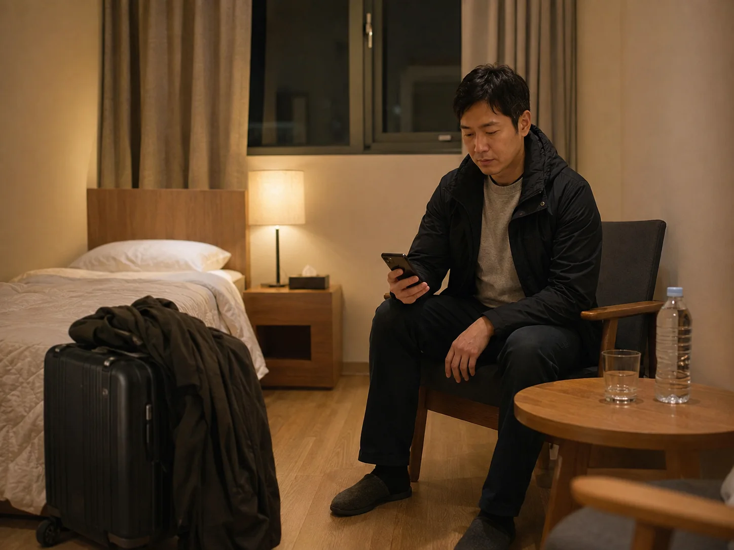김제출장마사지 | K초이스24 - 김제 신풍동 숙소에서 방문 예정 연락을 확인하며 혼자 기다리는 성인 이용자
