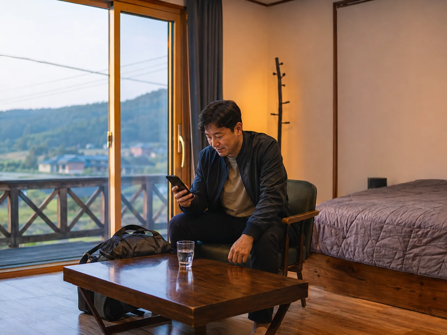 고창출장마사지 | K초이스24 - 고창읍 숙소에서 휴대전화로 도착 예정 연락을 확인하며 혼자 기다리는 성인 이용자