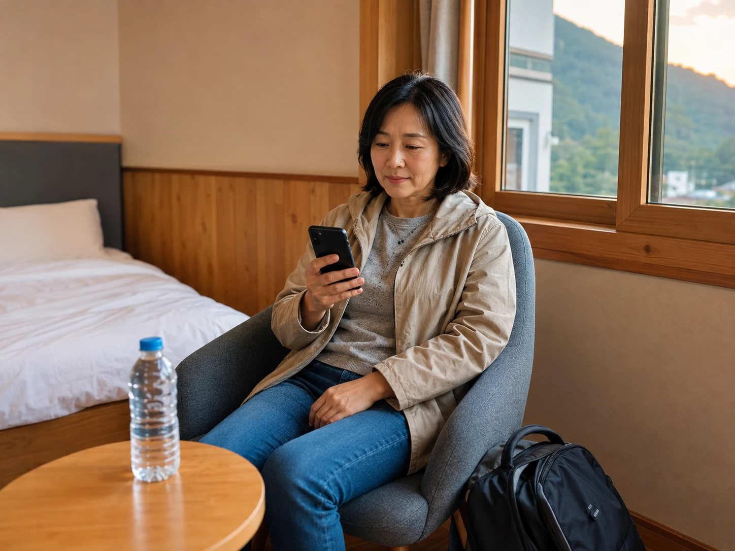 진안출장마사지 | K초이스24 - 진안읍 숙소에서 휴대전화로 도착 예정 연락을 확인하며 혼자 기다리는 성인 이용자