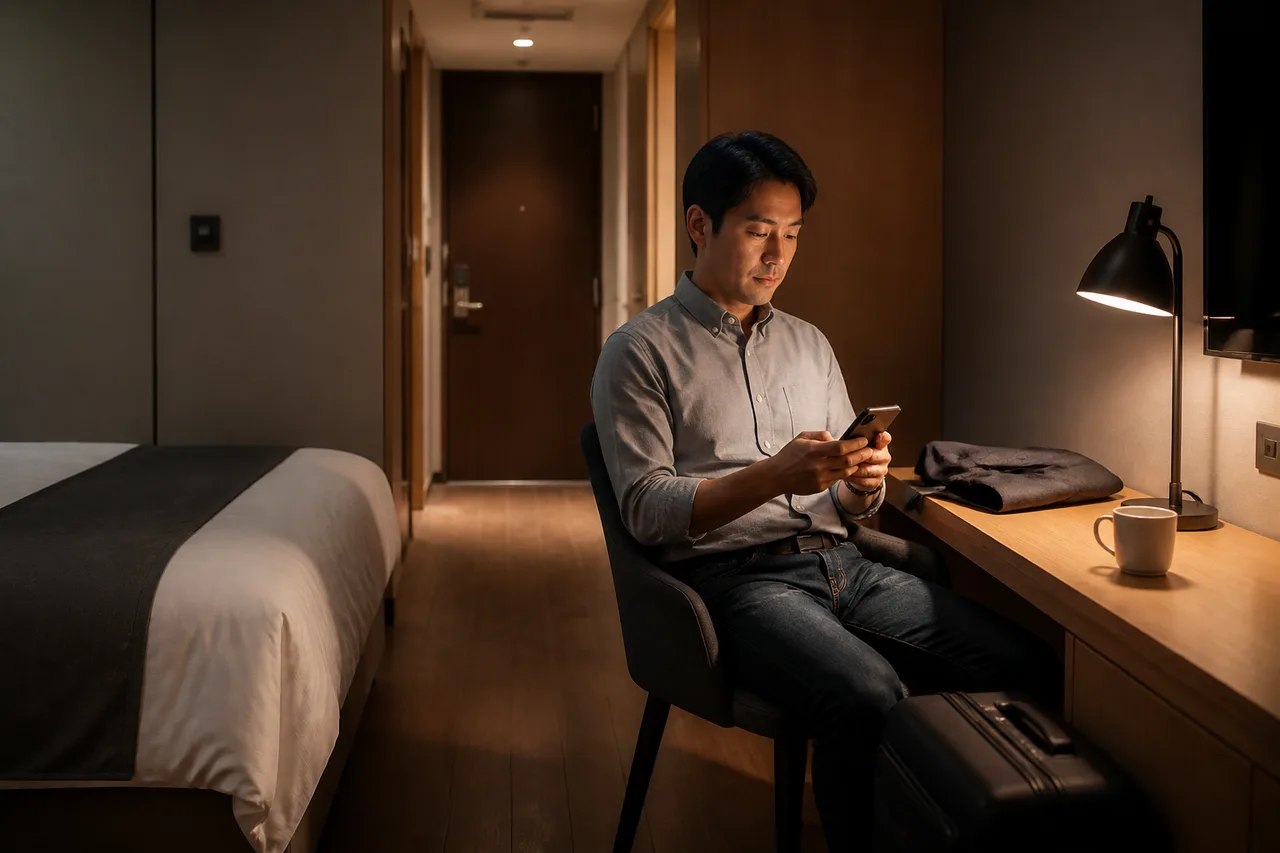 남원출장마사지 | K초이스24 - 남원 숙소에서 방문 예정 연락을 확인하며 혼자 기다리는 성인 이용자