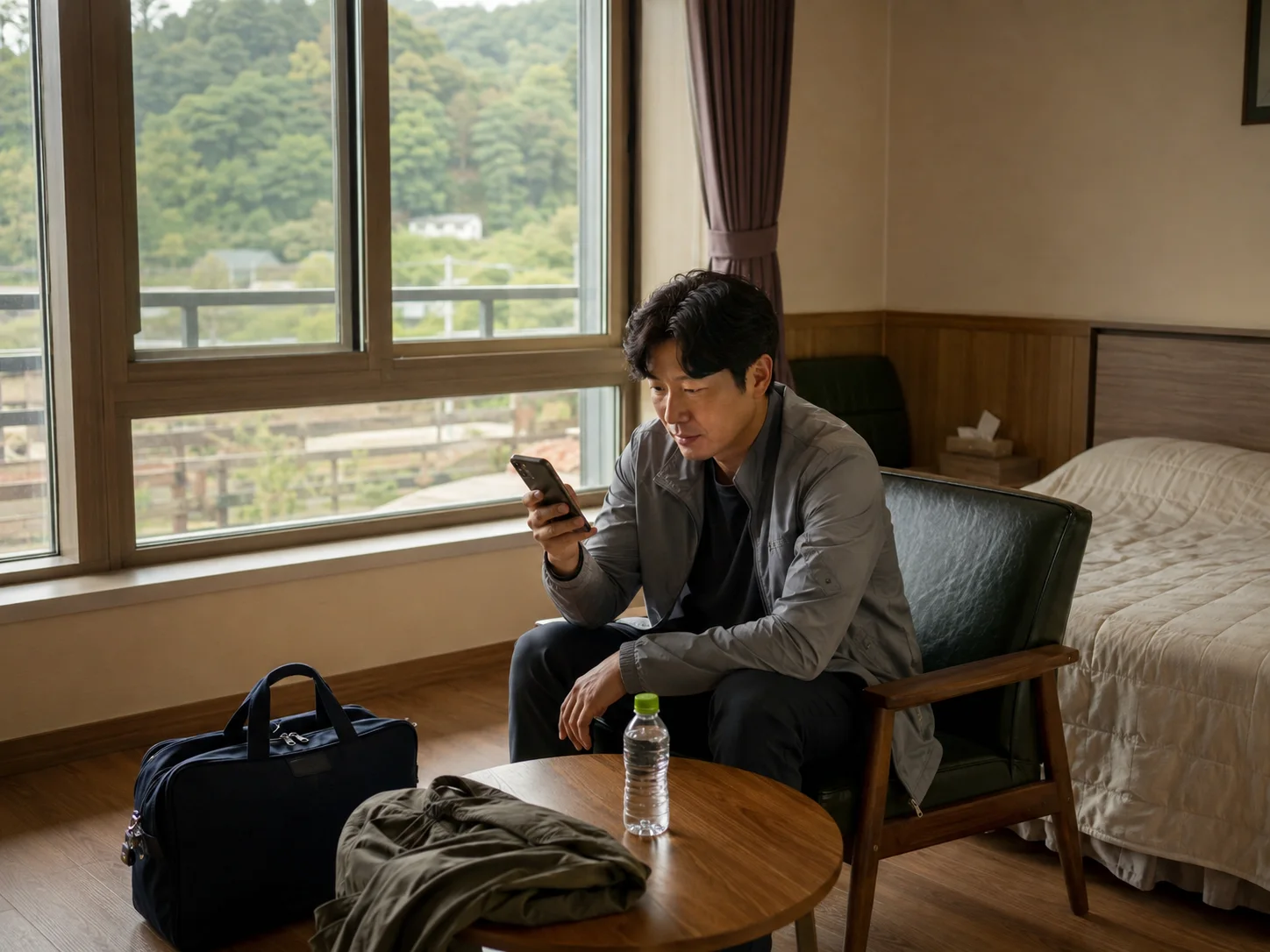 보성출장마사지 | K초이스24 - 보성읍 숙소에서 방문 예정 연락을 확인하며 혼자 기다리는 성인 이용자