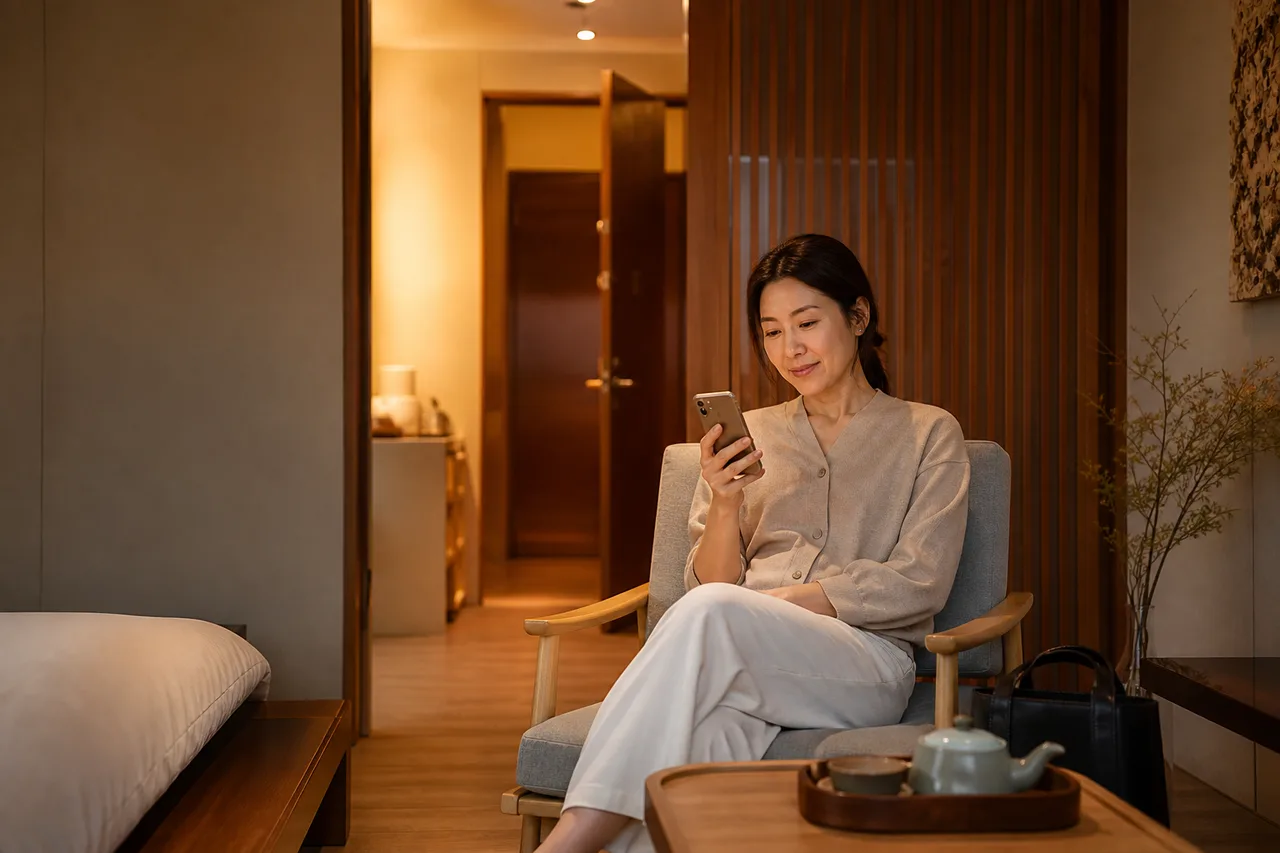 담양출장마사지 | K초이스24 - 담양 숙소에서 방문 예정 연락을 확인하며 혼자 기다리는 성인 이용자