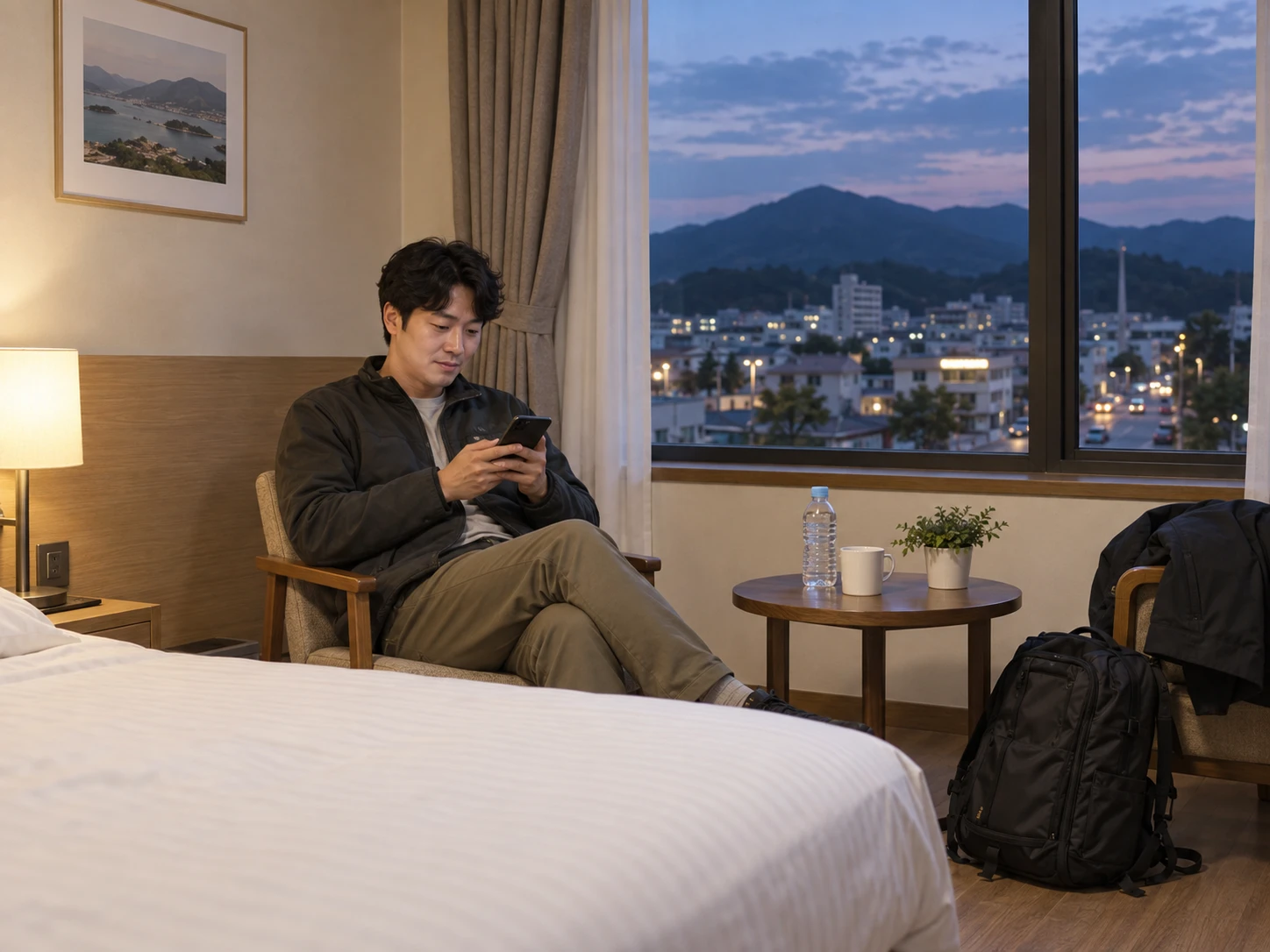 강진출장마사지 | K초이스24 - 강진읍 숙소에서 휴대전화로 도착 예정 연락을 확인하며 혼자 기다리는 성인 이용자
