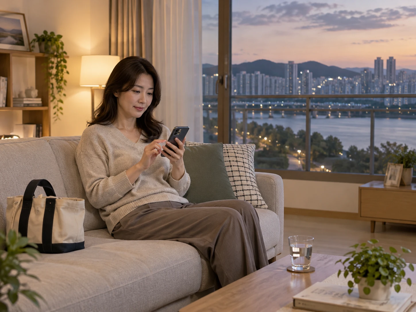 보람동출장마사지 | K초이스24 - 보람동 호려울마을 집에서 휴대전화로 도착 예정 연락을 확인하며 혼자 기다리는 성인 이용자