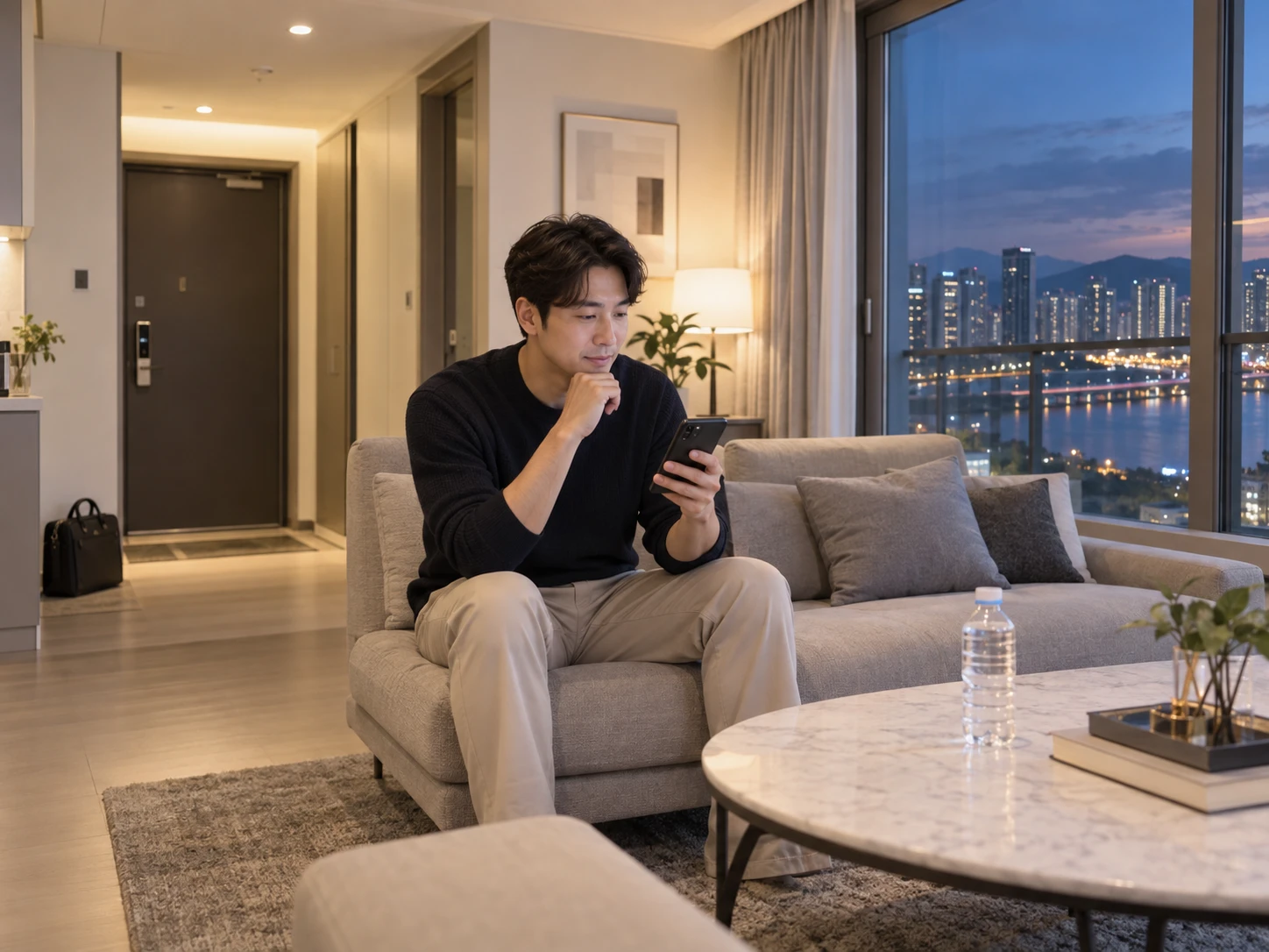 대평동출장마사지 | K초이스24 - 대평동 해들마을 집에서 휴대전화로 방문 예정 연락을 확인하며 혼자 기다리는 성인 이용자