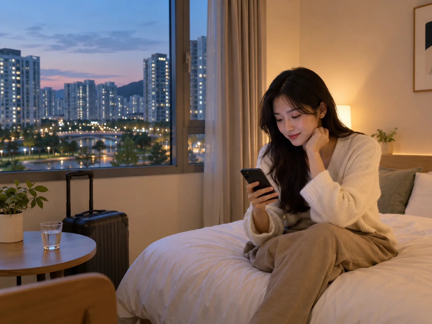 한솔동출장마사지 | K초이스24 - 한솔동 첫마을 집에서 휴대전화로 방문 예정 연락을 확인하며 혼자 기다리는 성인 이용자