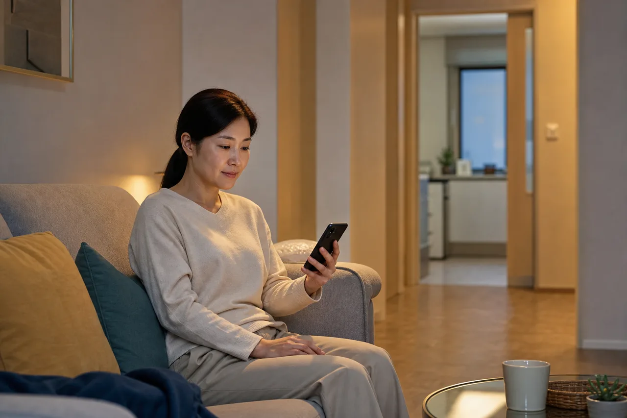 새롬동출장마사지 | K초이스24 - 새롬동 자택에서 방문 예정 연락을 확인하며 혼자 기다리는 성인 이용자