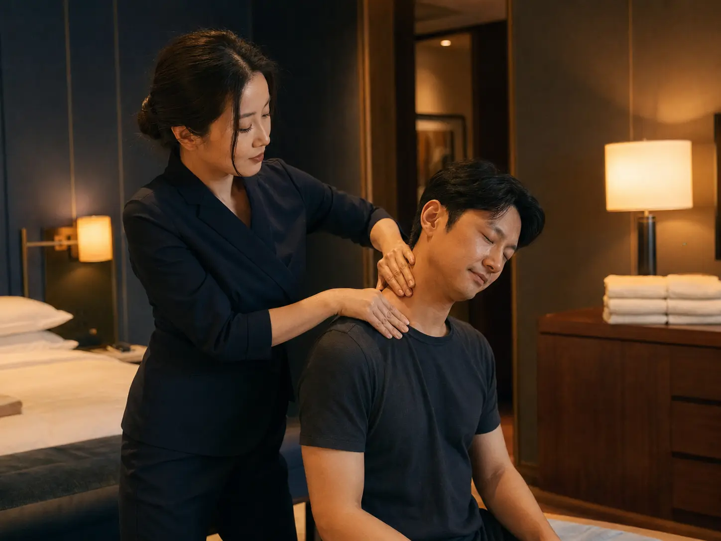 여성 테라피스트가 호텔에서 목과 어깨 중심의 출장마사지 밸런스 케어를 진행하는 모습