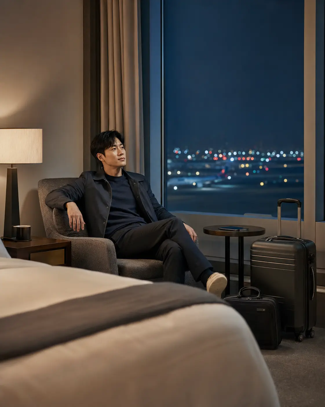 인천 영종 공항 호텔 객실에서 쉬는 성인 남성