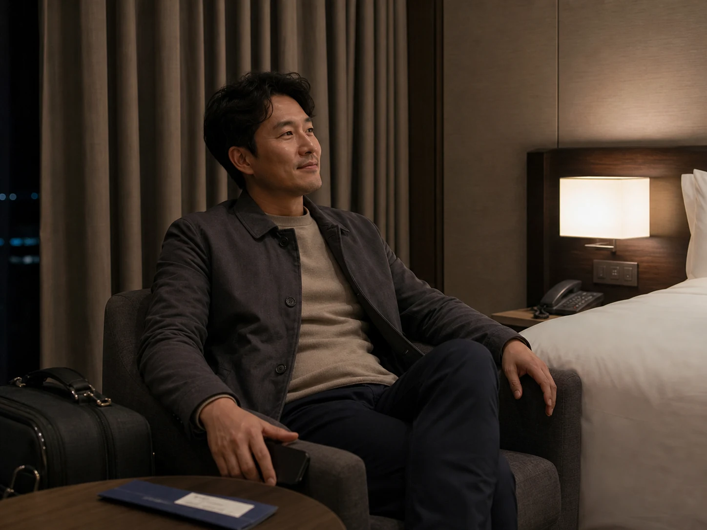 늦은 기차 이동 후 도심 숙소에서 휴식하는 성인 남성