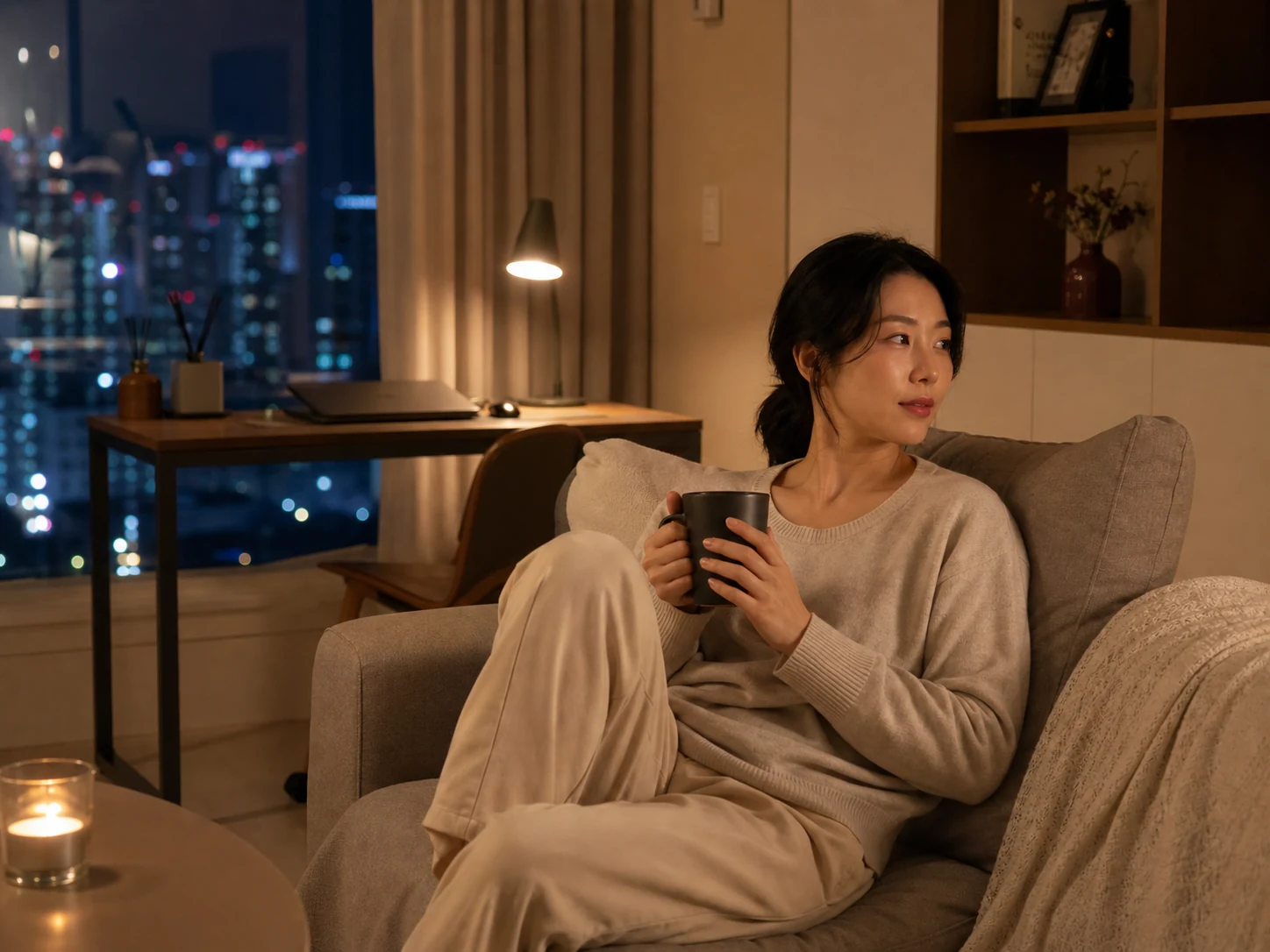 서울 도심 오피스텔에서 재택 업무를 마치고 쉬는 성인 여성