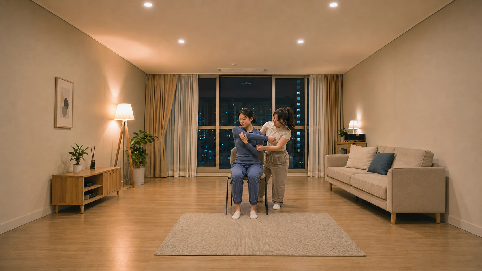 같은 편안한 복장의 20대 성인 여성 테라피스트가 화면 중앙에서 로컬 에디터 지우의 팔과 어깨를 안정적으로 보조 스트레칭하는 장면