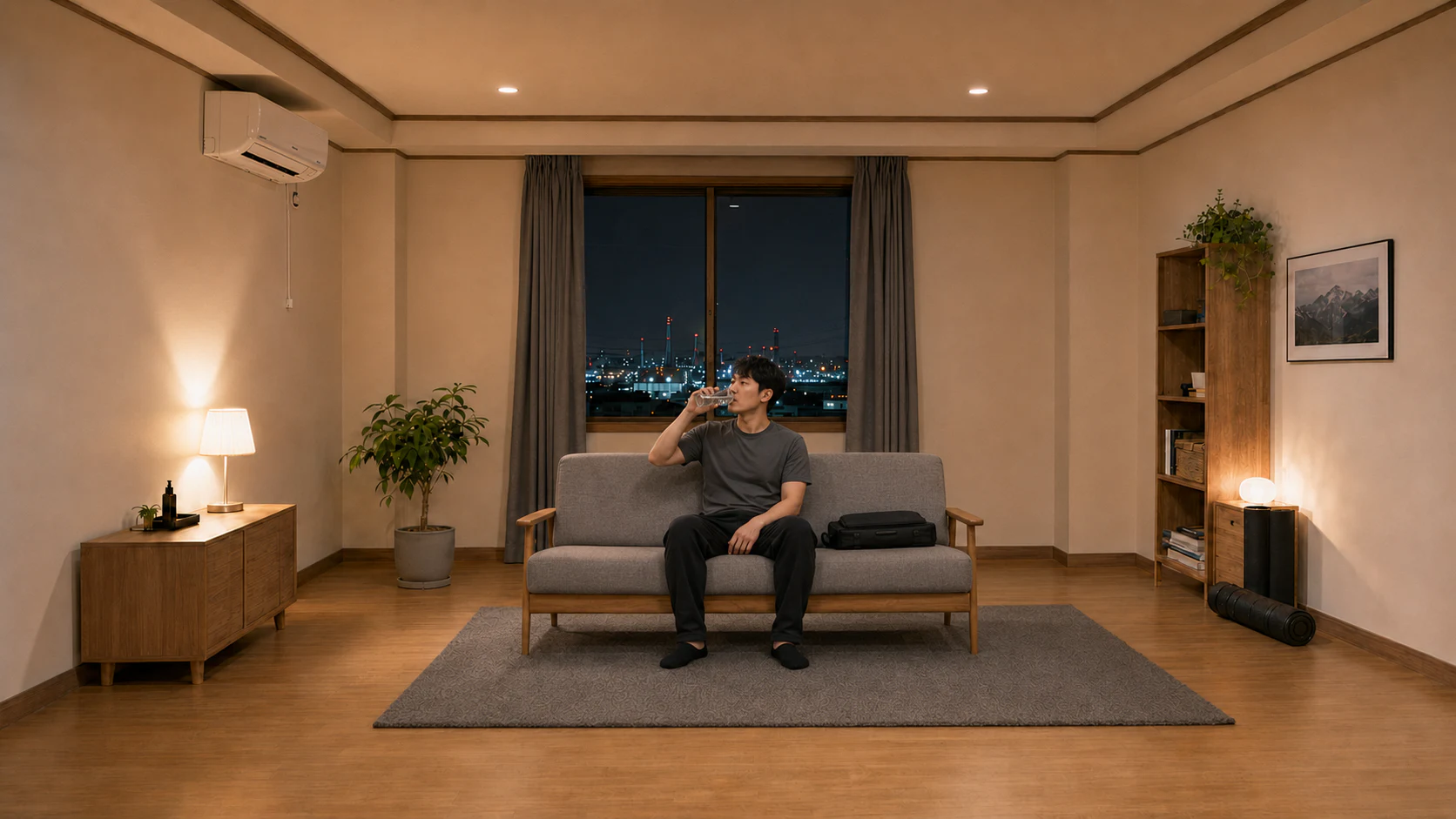 관리를 마친 로컬 에디터 현우가 원곡동 숙소 중앙 소파에서 물을 마시며 쉬는 장면