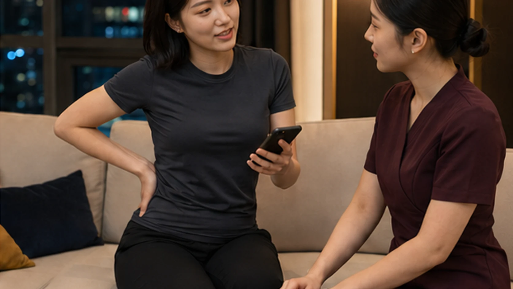 같은 상동 숙소에서 운동복 차림의 로컬 에디터 하린이 휴대전화로 위치와 허리 불편 정도를 상담하는 장면
